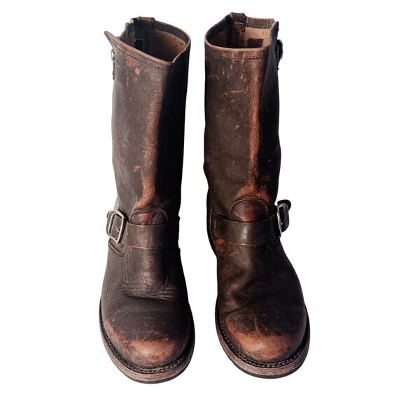 Frye Veronica Short Boots Womens sz 9 Brown Black Distressed Flat Engineer Biker - Picture 2 of 8